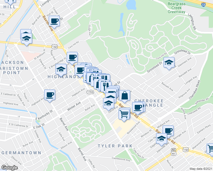 map of restaurants, bars, coffee shops, grocery stores, and more near 1066 Cherokee Road in Louisville