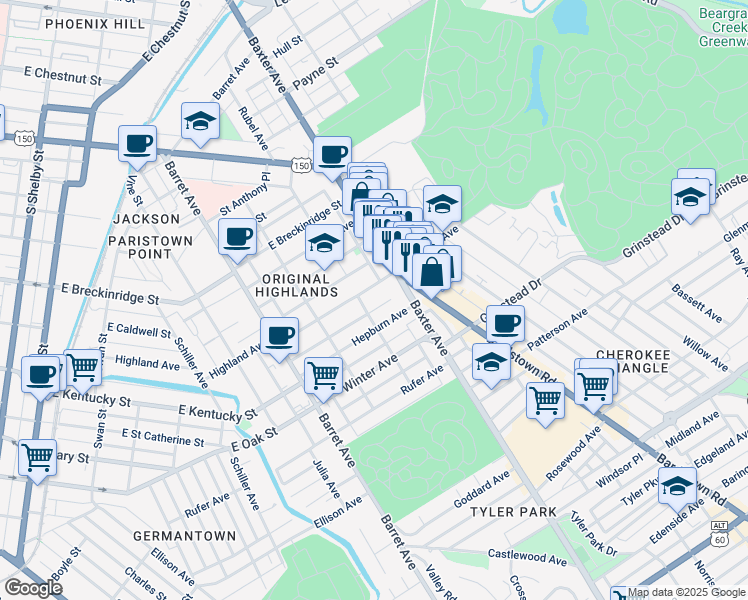 map of restaurants, bars, coffee shops, grocery stores, and more near 1512 Highland Avenue in Louisville