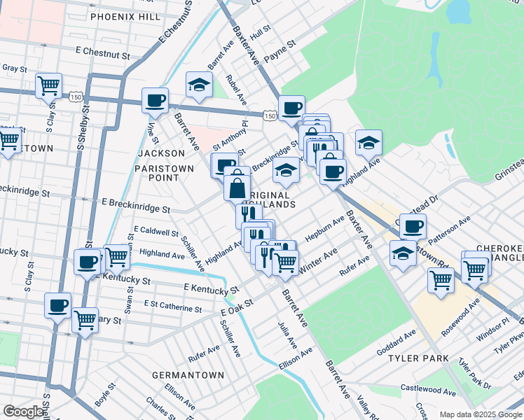 map of restaurants, bars, coffee shops, grocery stores, and more near 1317 Morton Avenue in Louisville