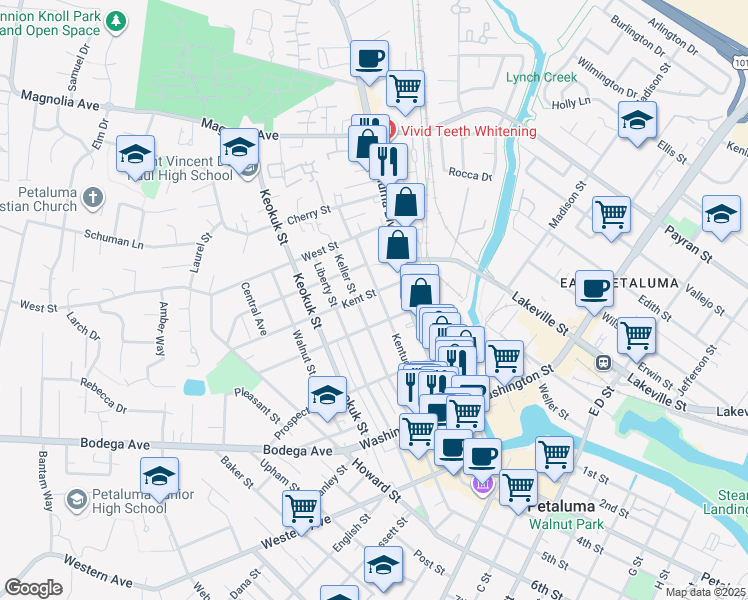 map of restaurants, bars, coffee shops, grocery stores, and more near 419 Kentucky St in Petaluma