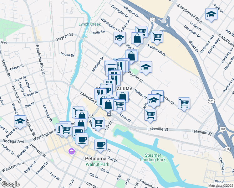 map of restaurants, bars, coffee shops, grocery stores, and more near 218 Edith Street in Petaluma