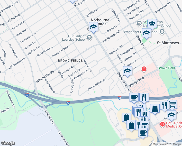 map of restaurants, bars, coffee shops, grocery stores, and more near 3610 Plymouth Road in Louisville