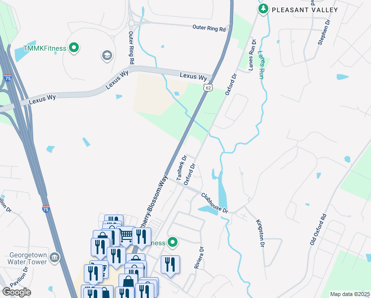 map of restaurants, bars, coffee shops, grocery stores, and more near 116 Tanbark Drive in Georgetown