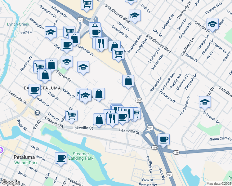 map of restaurants, bars, coffee shops, grocery stores, and more near 901 Lindberg Lane in Petaluma