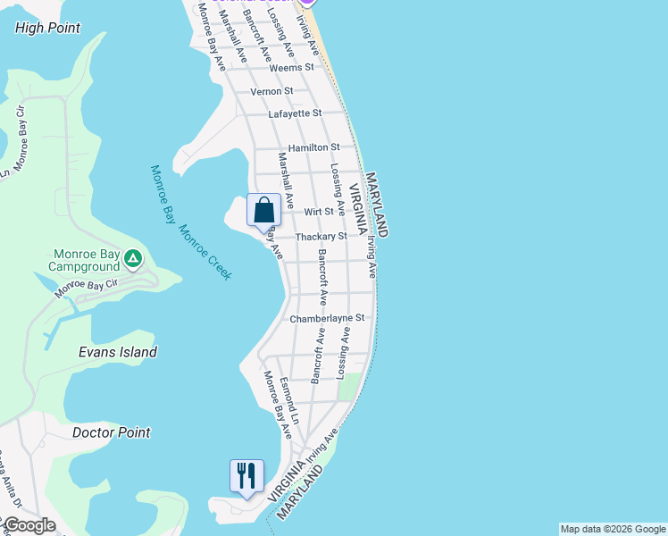 map of restaurants, bars, coffee shops, grocery stores, and more near 124 Sulgrave Street in Colonial Beach