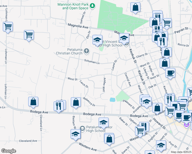 map of restaurants, bars, coffee shops, grocery stores, and more near 917 West Street in Petaluma