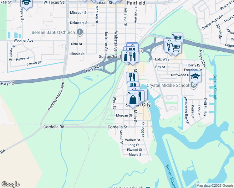 map of restaurants, bars, coffee shops, grocery stores, and more near 200 Sacramento Street in Suisun City