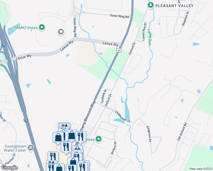 map of restaurants, bars, coffee shops, grocery stores, and more near 116 Tanbark Drive in Georgetown