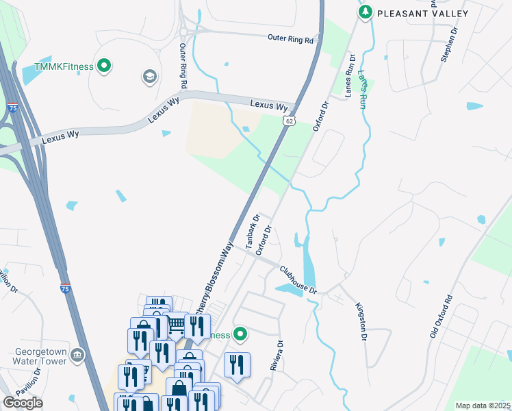 map of restaurants, bars, coffee shops, grocery stores, and more near 116 Tanbark Drive in Georgetown