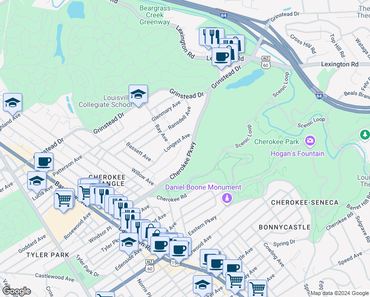 map of restaurants, bars, coffee shops, grocery stores, and more near 2531 Cherokee Parkway in Louisville