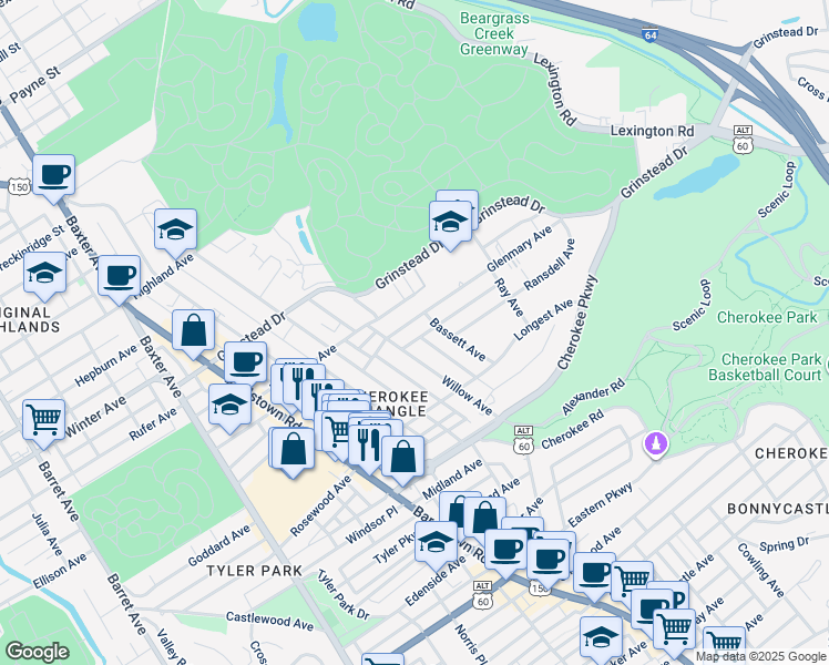 map of restaurants, bars, coffee shops, grocery stores, and more near 2318 Glenmary Avenue in Louisville