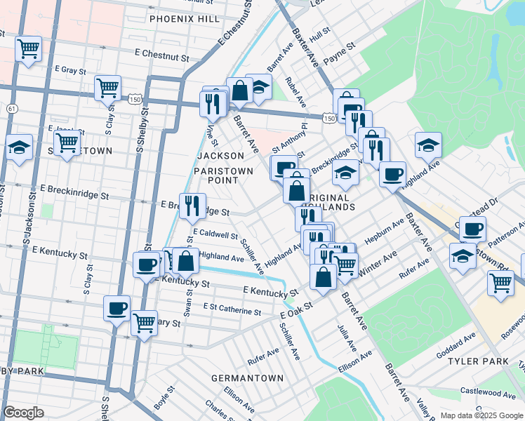 map of restaurants, bars, coffee shops, grocery stores, and more near 1202 East Breckinridge Street in Louisville