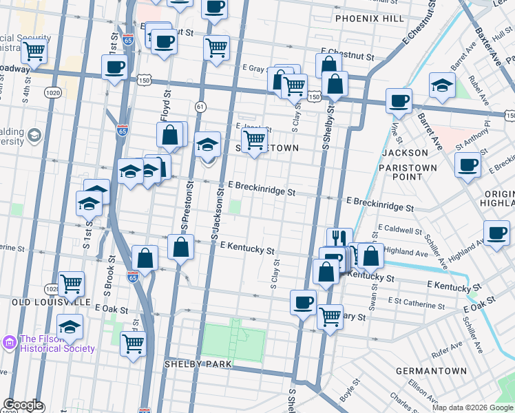 map of restaurants, bars, coffee shops, grocery stores, and more near 921 South Hancock Street in Louisville