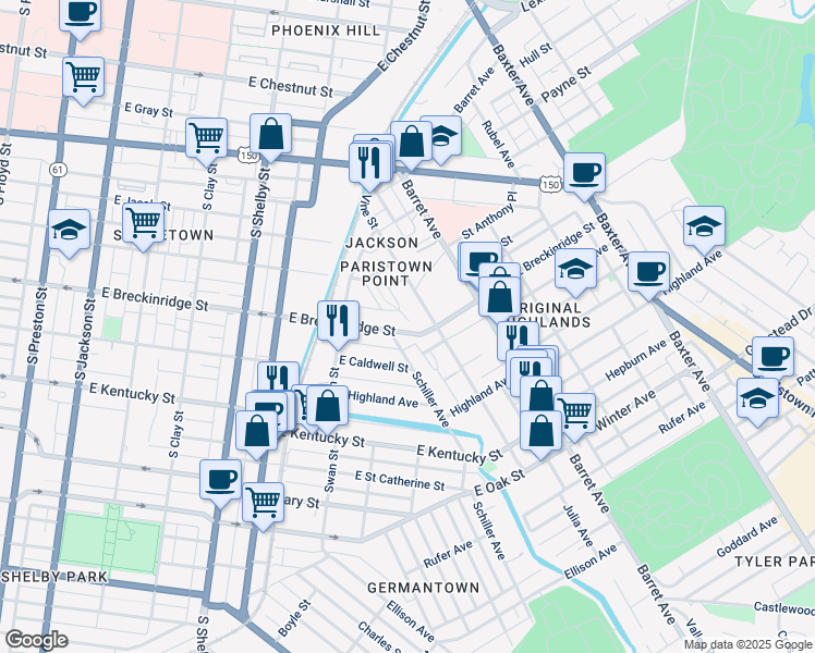 map of restaurants, bars, coffee shops, grocery stores, and more near 1117 East Breckinridge Street in Louisville