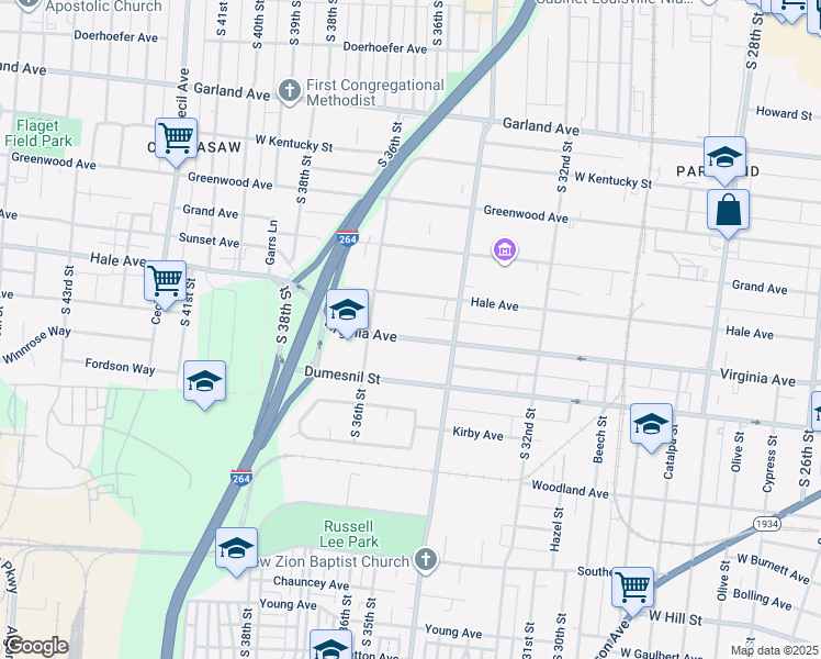 map of restaurants, bars, coffee shops, grocery stores, and more near 3435 Virginia Avenue in Louisville