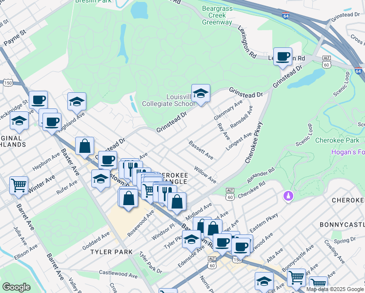 map of restaurants, bars, coffee shops, grocery stores, and more near 2318 Glenmary Ave in Louisville