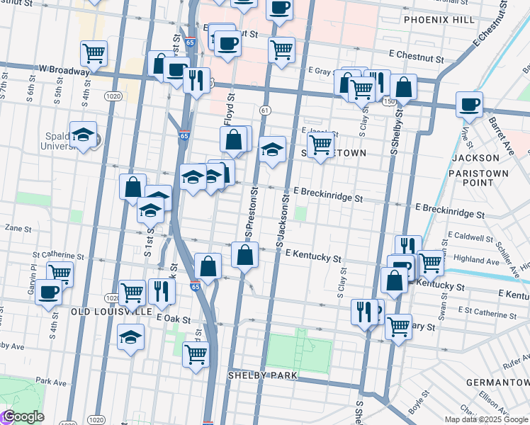 map of restaurants, bars, coffee shops, grocery stores, and more near 413 East Caldwell Street in Louisville