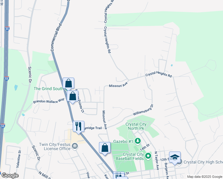 map of restaurants, bars, coffee shops, grocery stores, and more near 2132 Missouri Avenue in Festus