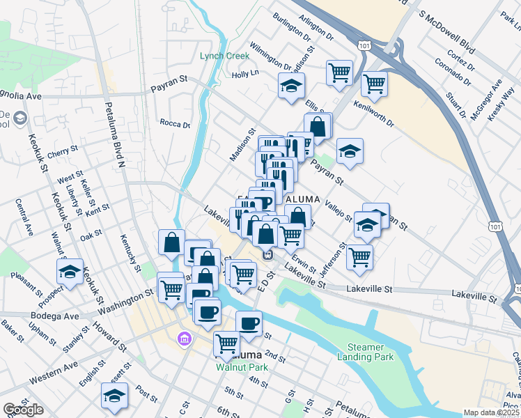 map of restaurants, bars, coffee shops, grocery stores, and more near 167 Wilson Street in Petaluma