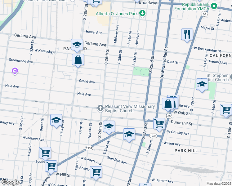 map of restaurants, bars, coffee shops, grocery stores, and more near 2322 Osage Avenue in Louisville