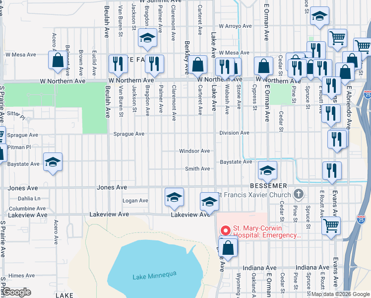 map of restaurants, bars, coffee shops, grocery stores, and more near 1627 Berkley Avenue in Pueblo