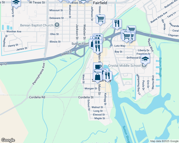 map of restaurants, bars, coffee shops, grocery stores, and more near 200 Sacramento Street in Suisun City