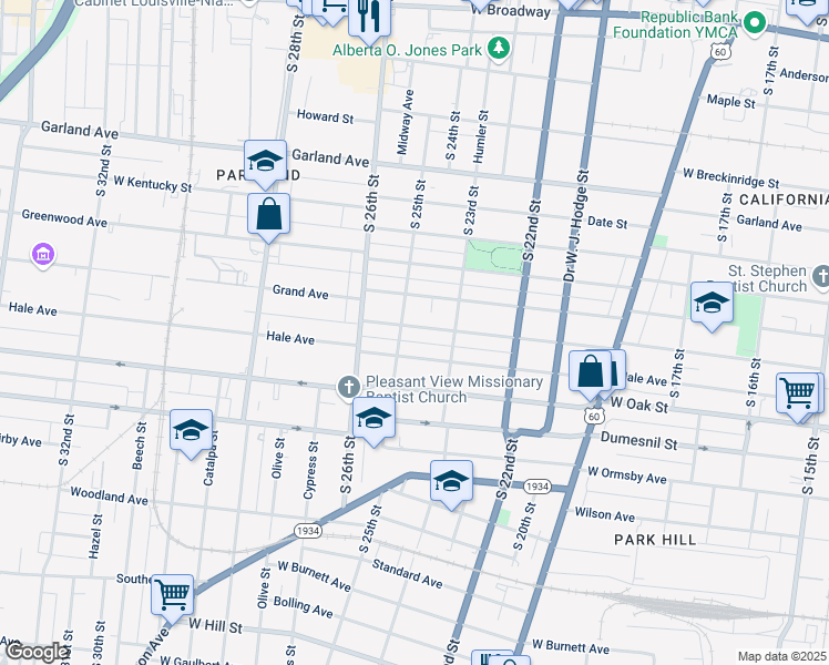map of restaurants, bars, coffee shops, grocery stores, and more near 2322 Osage Avenue in Louisville