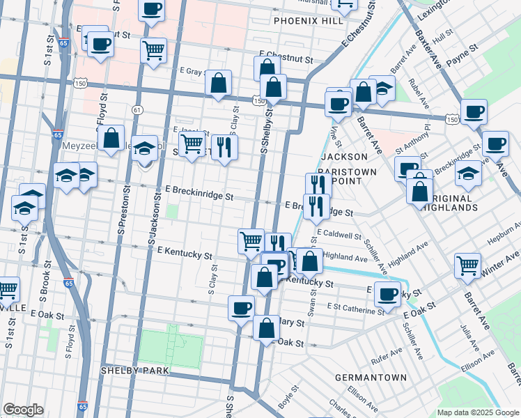 map of restaurants, bars, coffee shops, grocery stores, and more near 909 South Shelby Street in Louisville
