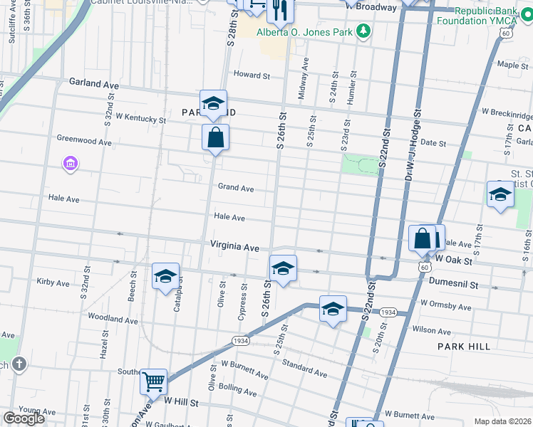 map of restaurants, bars, coffee shops, grocery stores, and more near 2621 Hale Avenue in Louisville