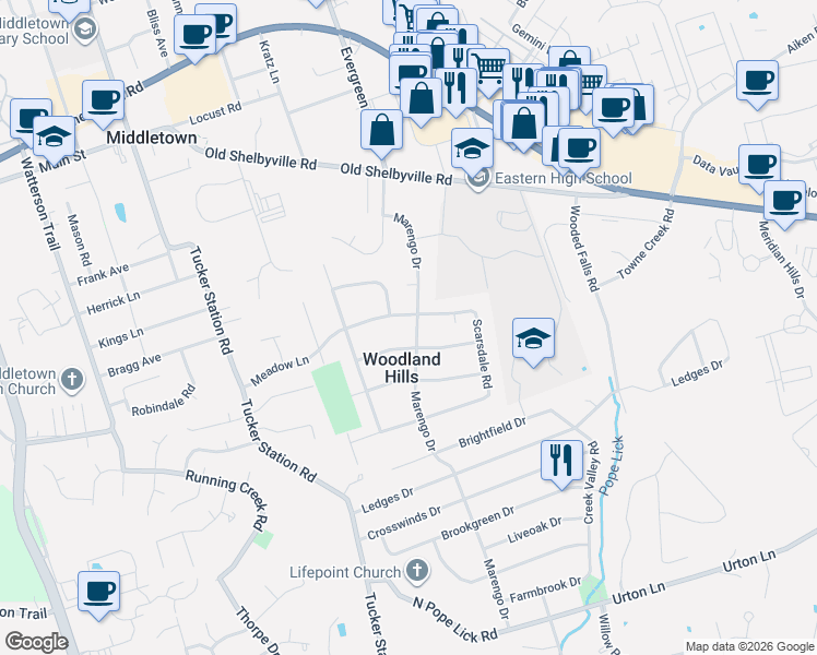 map of restaurants, bars, coffee shops, grocery stores, and more near 402 Marengo Dr in Louisville