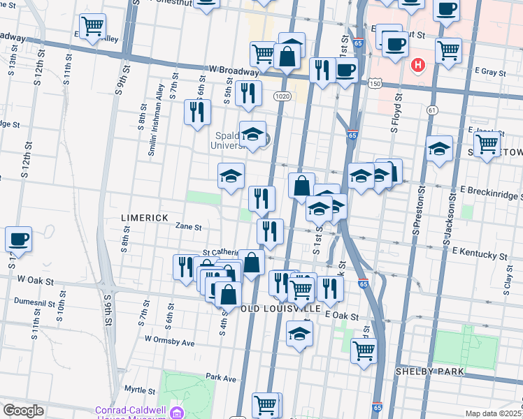 map of restaurants, bars, coffee shops, grocery stores, and more near 960 South 3rd Street in Louisville