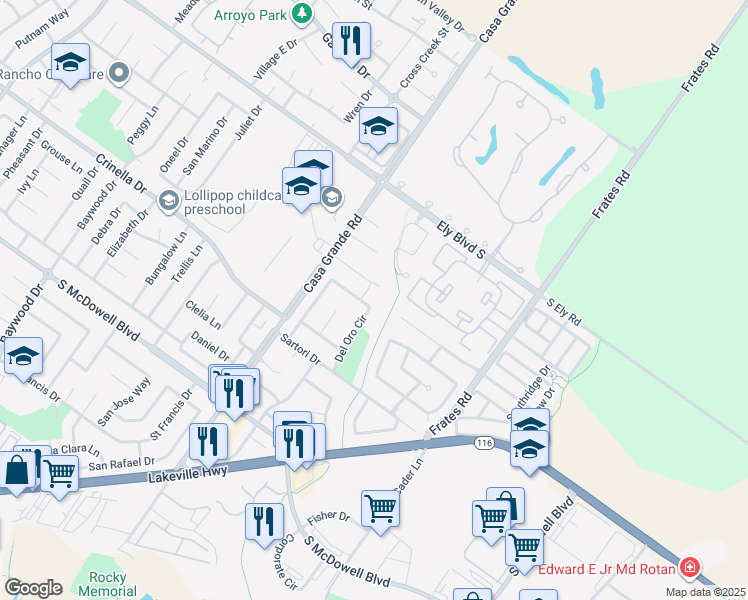 map of restaurants, bars, coffee shops, grocery stores, and more near 1681 Del Oro Circle in Petaluma