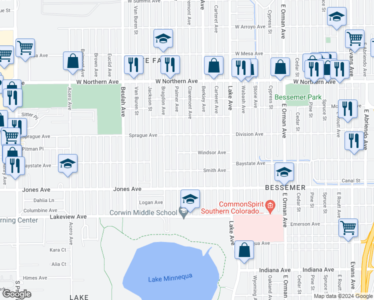map of restaurants, bars, coffee shops, grocery stores, and more near 1628 Palmer Avenue in Pueblo