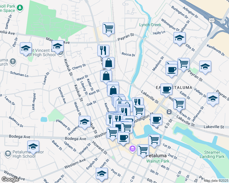 map of restaurants, bars, coffee shops, grocery stores, and more near 426 Petaluma Boulevard North in Petaluma