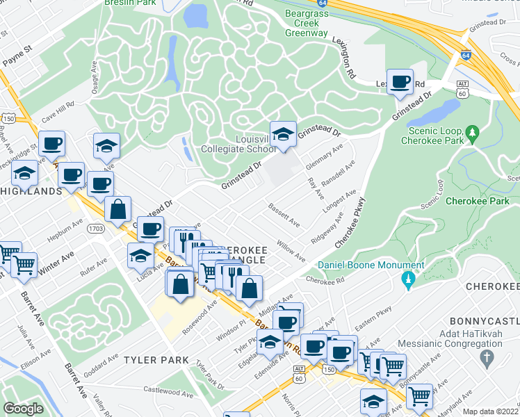 map of restaurants, bars, coffee shops, grocery stores, and more near 2318 Glenmary Avenue in Louisville