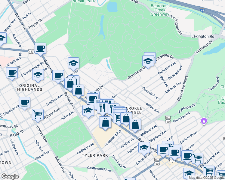map of restaurants, bars, coffee shops, grocery stores, and more near 1126 Hilliard Avenue in Louisville