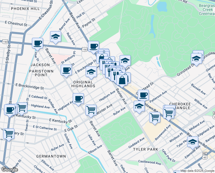 map of restaurants, bars, coffee shops, grocery stores, and more near 1512 Highland Avenue in Louisville