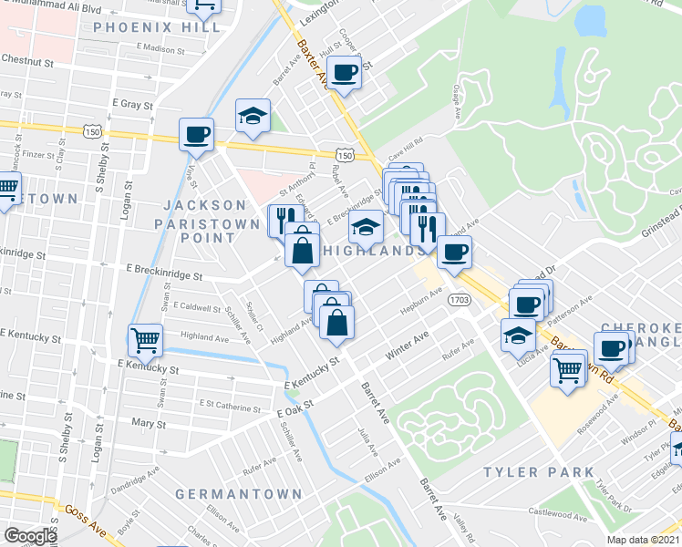 map of restaurants, bars, coffee shops, grocery stores, and more near in Louisville