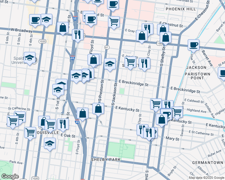 map of restaurants, bars, coffee shops, grocery stores, and more near 413 East Caldwell Street in Louisville