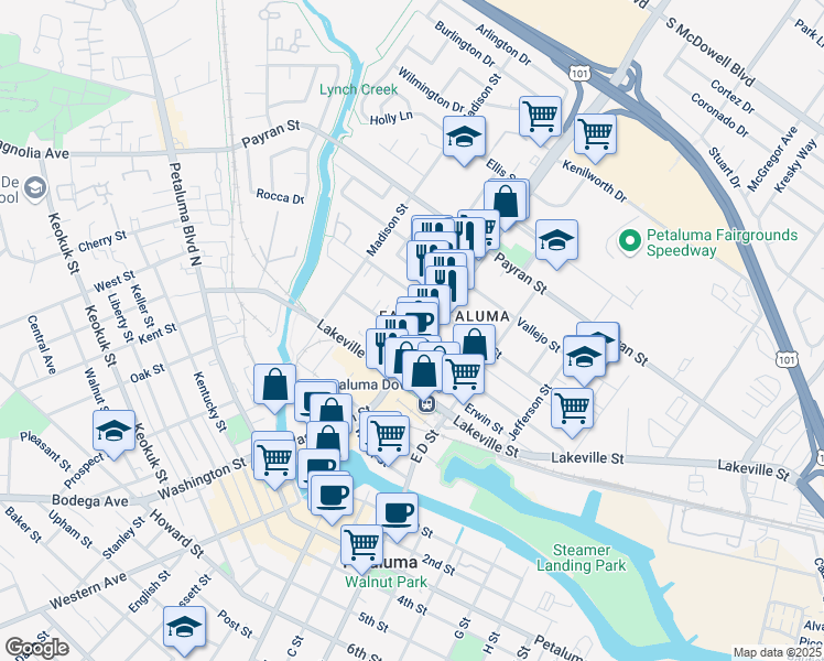map of restaurants, bars, coffee shops, grocery stores, and more near 167 Wilson Street in Petaluma