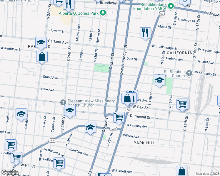 map of restaurants, bars, coffee shops, grocery stores, and more near 2121 Osage Avenue in Louisville