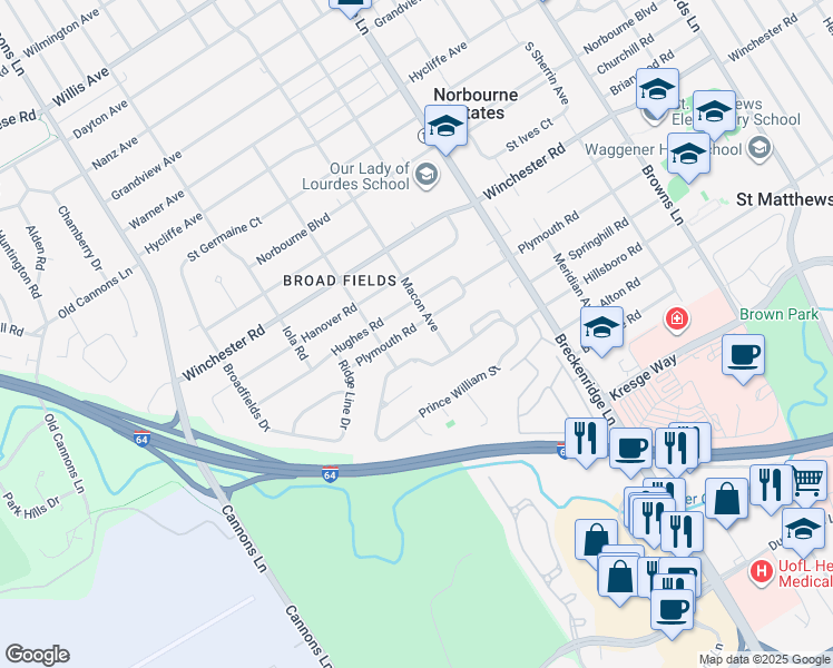map of restaurants, bars, coffee shops, grocery stores, and more near 3610 Plymouth Road in Louisville