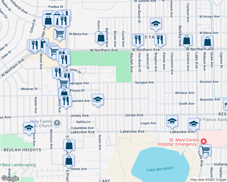 map of restaurants, bars, coffee shops, grocery stores, and more near 1625 Brown Ave in Pueblo