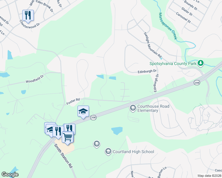 map of restaurants, bars, coffee shops, grocery stores, and more near 6239 Foster Road in Spotsylvania Courthouse