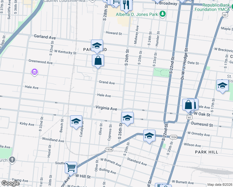 map of restaurants, bars, coffee shops, grocery stores, and more near 2621 Hale Avenue in Louisville