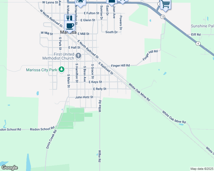map of restaurants, bars, coffee shops, grocery stores, and more near 806 South Meek Avenue in Marissa