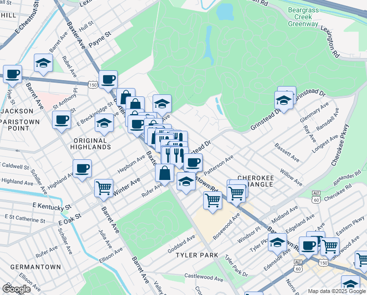 map of restaurants, bars, coffee shops, grocery stores, and more near 1066 Cherokee Road in Louisville