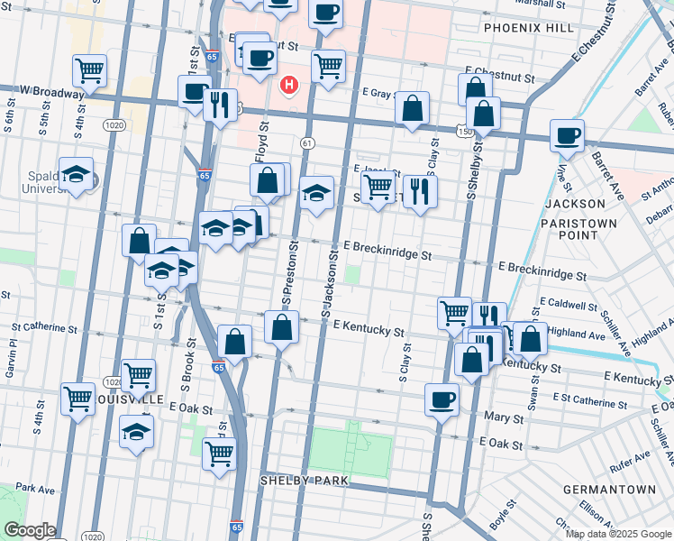 map of restaurants, bars, coffee shops, grocery stores, and more near 929 South Jackson Street in Louisville