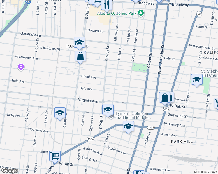 map of restaurants, bars, coffee shops, grocery stores, and more near 2516 Osage Avenue in Louisville