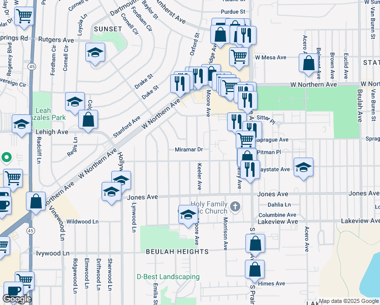 map of restaurants, bars, coffee shops, grocery stores, and more near 3408 Miramar Drive in Pueblo
